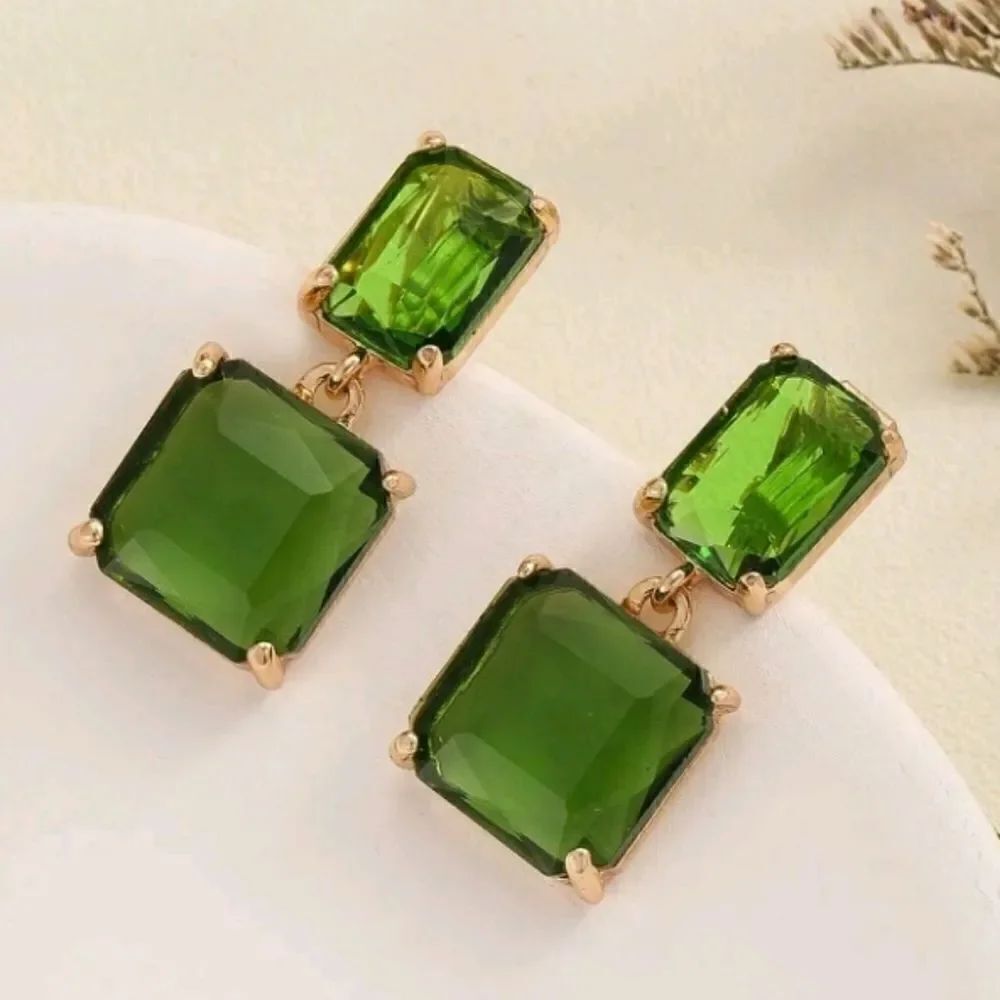 Green & Gold Double Square Drop Earrings
